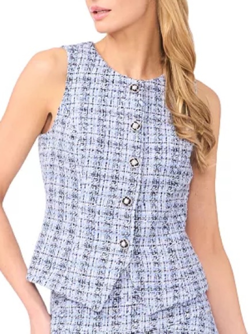 CeCe Light Blue Tweed Sleeveless Button-Front Vest